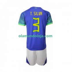 Camisola Brasil Thiago Silva 3 Criança Equipamento Segundo Copa do Mundo 2022 Manga Curta